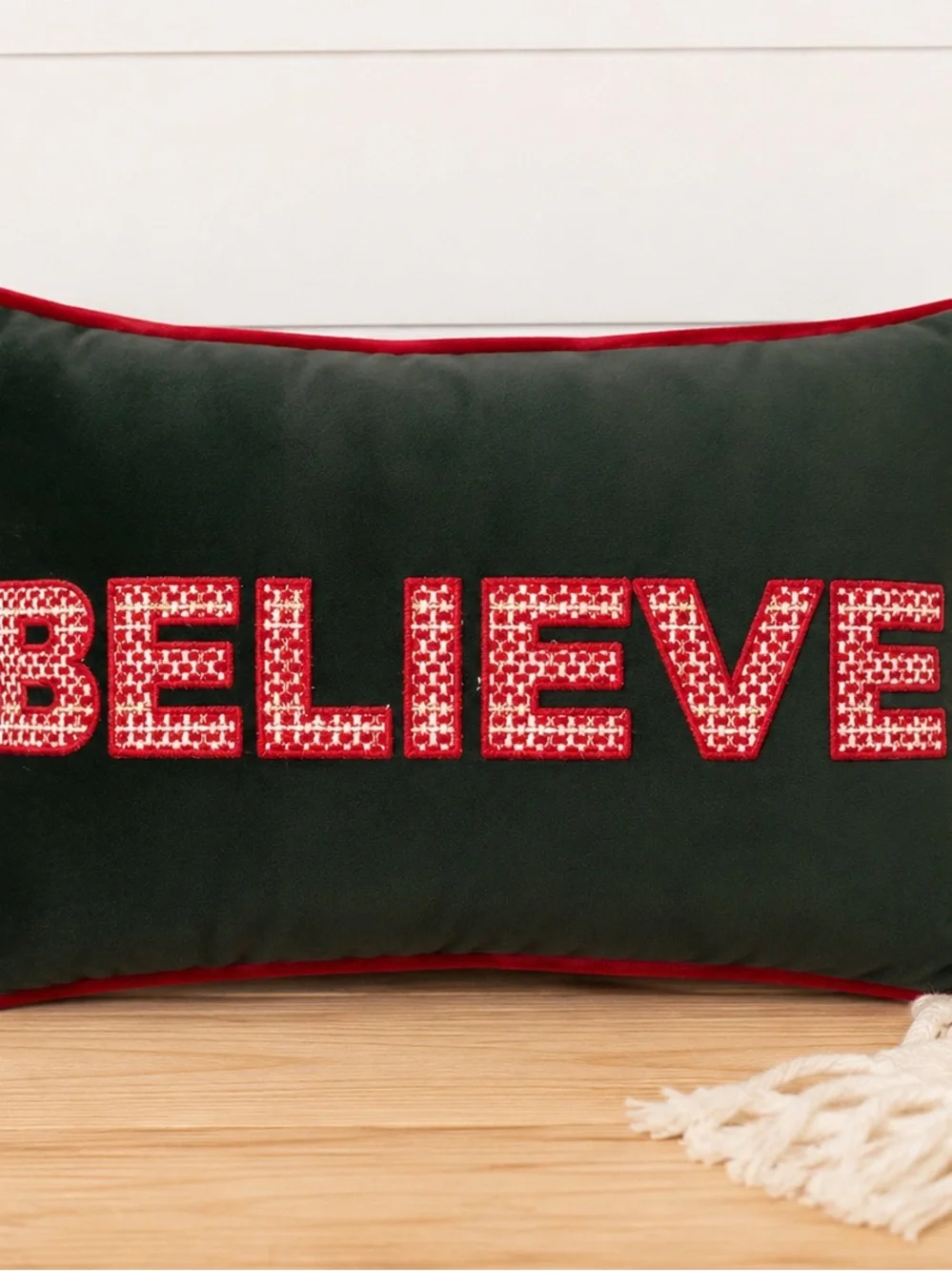 Source Unknown Green Holiday Pillow with Red 'BELIEVE' Embroidery